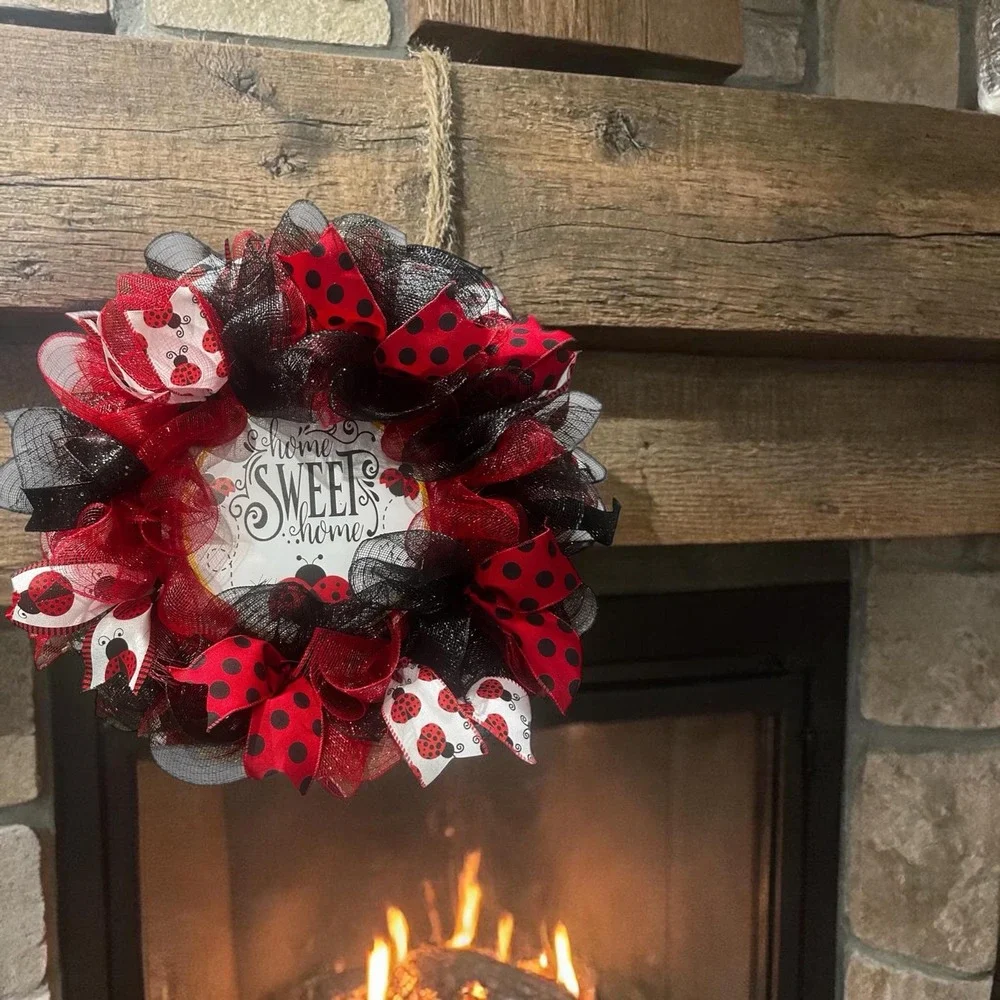Handmade Ladybug Wreath: Vibrant Red Black Decor Welcome Friends